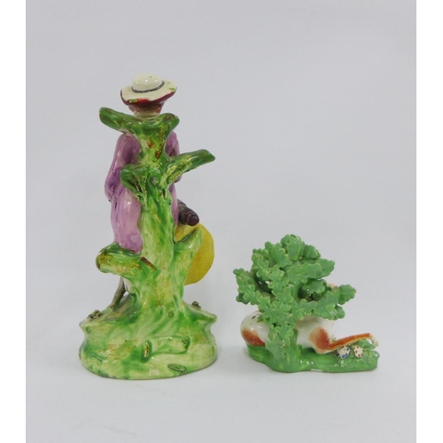 110 - 19th century Walton style pottery figure of a girl and another of a deer and bocage, tallest 18cm (2... 