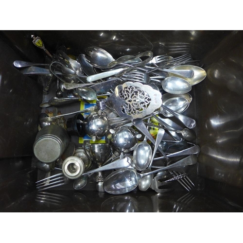 68 - A carton containing a quantity of Epns wares, mother of pearl handed knives, etc (a lot)