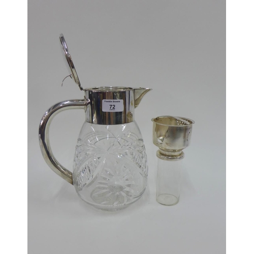 72 - Epns mounted cut glass jug with a hinged lid and removable diffuser, 17cm high