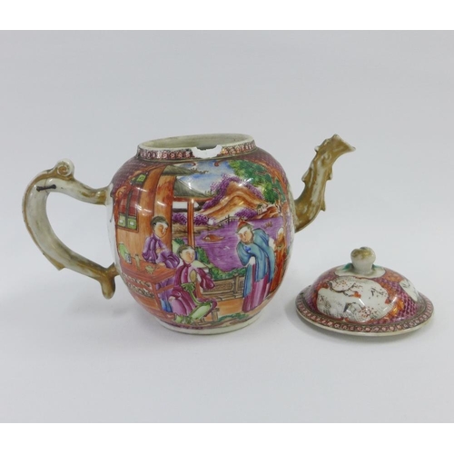 84 - Chinese Famille Rose Mandarin teapot, painted with figures and with a faux bamboo handle, (chip to t... 