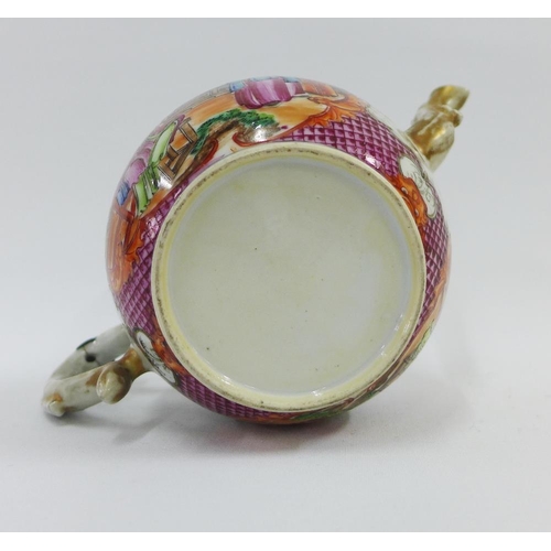 84 - Chinese Famille Rose Mandarin teapot, painted with figures and with a faux bamboo handle, (chip to t... 