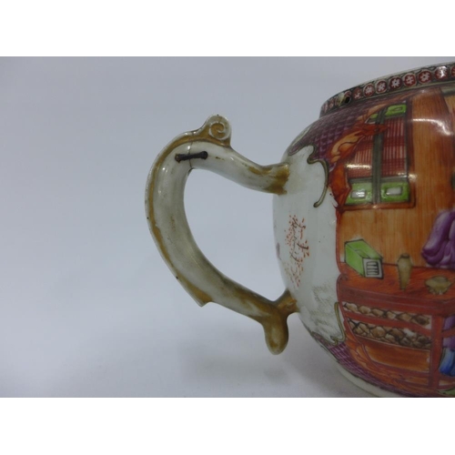 84 - Chinese Famille Rose Mandarin teapot, painted with figures and with a faux bamboo handle, (chip to t... 