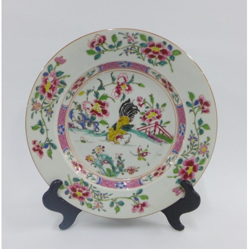 87 - Two Chinese 18th century porcelain plates, one painted with a duck in a pond pattern and the other w... 