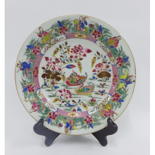 87 - Two Chinese 18th century porcelain plates, one painted with a duck in a pond pattern and the other w... 