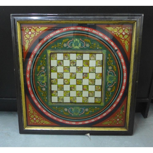 507 - Glass chess board, in an oak frame, 53 x 55cm