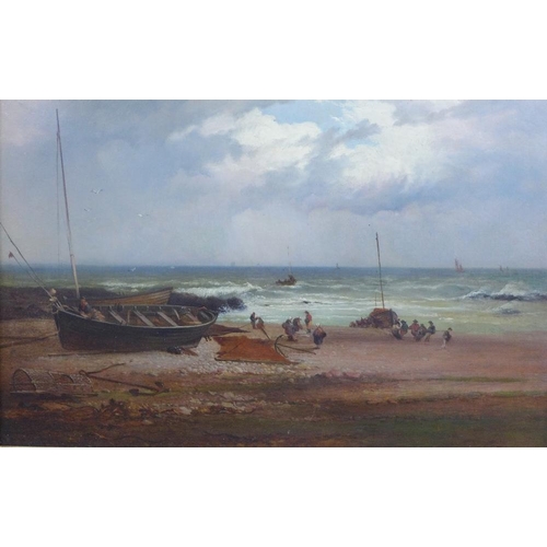 28 - John Cairns,  (1840-1875)  'Auchmithie Shore - Forfarshire;, oil on board, inscribed verso, in a gil... 