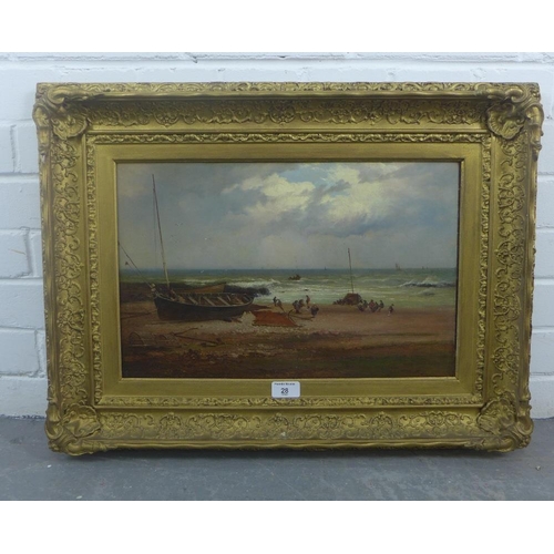 28 - John Cairns,  (1840-1875)  'Auchmithie Shore - Forfarshire;, oil on board, inscribed verso, in a gil... 
