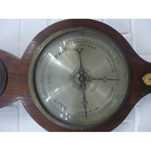 239 - 19th century rosewood veneered banjo barometer, five dials, 98cm long
