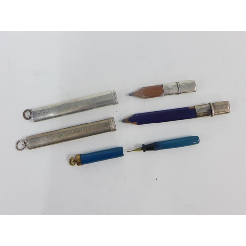 54 - Two early 20th century silver pencils and a small fountain pen with Peter pan 14k gold nib (3)