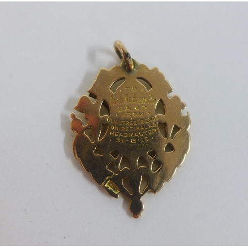 14 - Early 20th century 15ct gold fob medallion, approx 10g