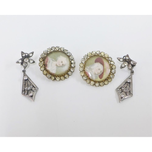 27 - A pair of Art Deco style silver drop earrings and two paste buttons (a lot)