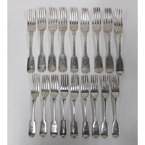 32 - Victorian silver flatware to include nine table forks and nine smaller forks, all with mixed London ... 