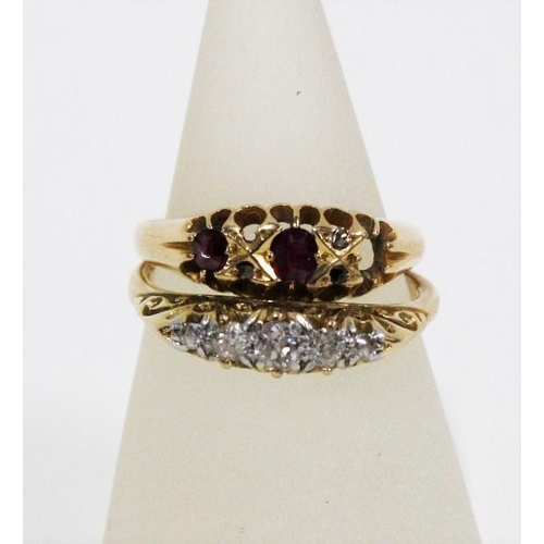 6 - 18ct gold ruby ring and a five stone diamond ring, claw set in an unmarked gold band, UK ring size Q... 