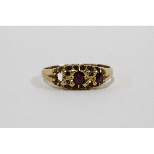 6 - 18ct gold ruby ring and a five stone diamond ring, claw set in an unmarked gold band, UK ring size Q... 