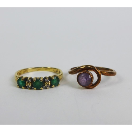 33 - Two 9ct gold gemset rings and a pair of 9ct gold flowerhead earrings (3)