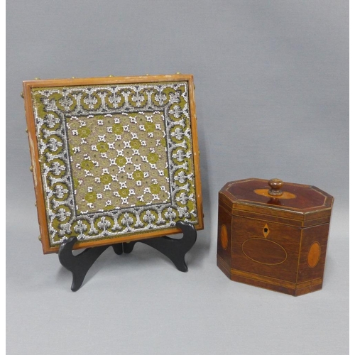 381 - 19th century mahogany and inlaid tea caddy and a Victorian square stand with a beadwork top, (2)