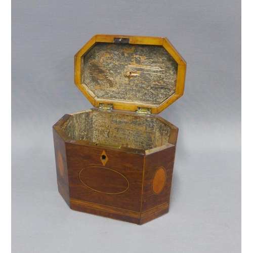 381 - 19th century mahogany and inlaid tea caddy and a Victorian square stand with a beadwork top, (2)