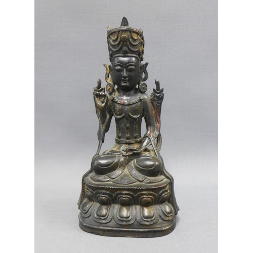 385 - Bronze Buddha modelled seated in contemplative pose upon a lotus base, with gilt highlights, 24cm hi... 