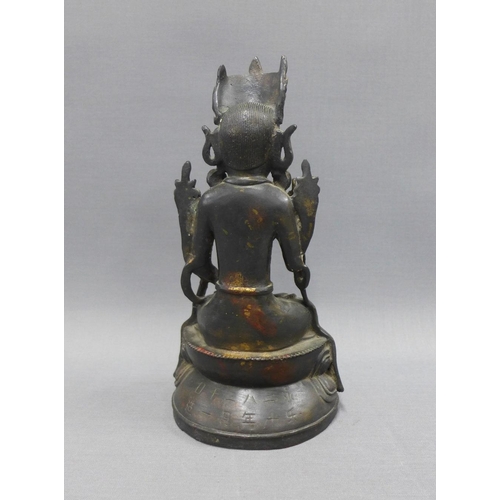 385 - Bronze Buddha modelled seated in contemplative pose upon a lotus base, with gilt highlights, 24cm hi... 