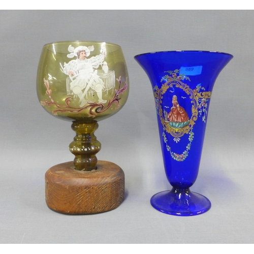 389 - Coloured and enamelled glass to include a blue vase with a flared rim and amber glass goblet with a ... 