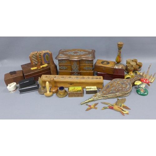 390 - Two cartons containing miscellaneous wooden items to include boxes, bellows, trinkets, a Japanese la... 