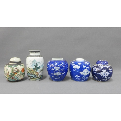 394 - Collection of Chinese pottery and porcelain vases to include three cracked ice prunus pattern jars, ... 