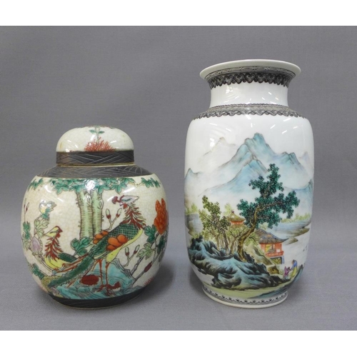 394 - Collection of Chinese pottery and porcelain vases to include three cracked ice prunus pattern jars, ... 