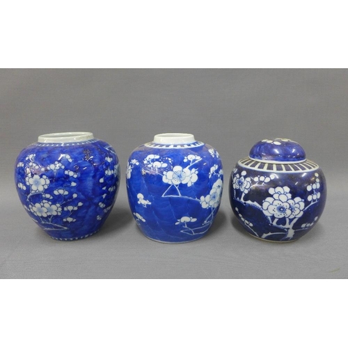 394 - Collection of Chinese pottery and porcelain vases to include three cracked ice prunus pattern jars, ... 