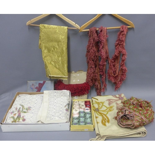 396 - Two cartons containing a collection of antique and vintage braiding, threads, woolwork panel and oth... 