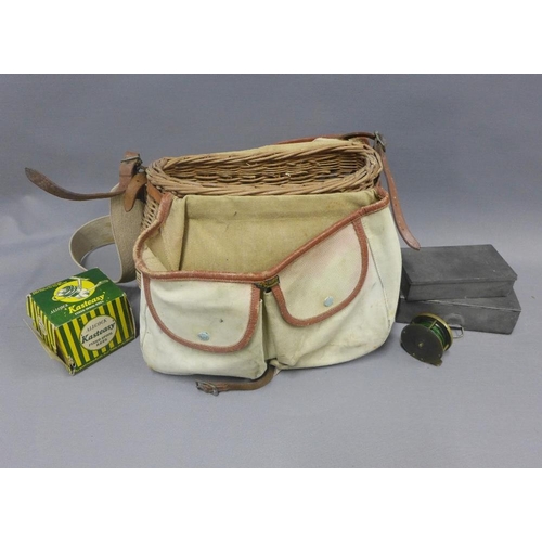 397 - Carton containing a fishing creel basket, canvas bags, wading boots, pewter fly boxes and an Alcock ... 