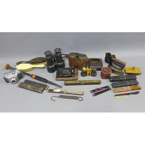 399 - Mixed lot to include binoculars, bagpipe chanter, vintage cameras, paper blotter and scales, etc (a ... 