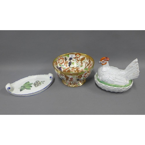 403 - Mixed lot to include Staffordshire hen on nest, Ironstone Amherst pattern pedestal bowl and a Davenp... 