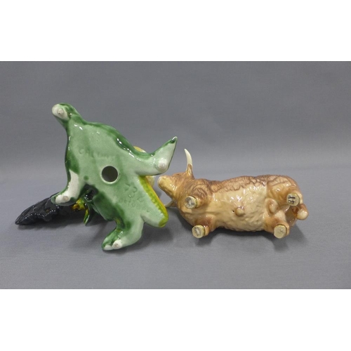 405 - Continental pottery Cockerel, 24cm,  and a Beswick highland cow, (a/f)