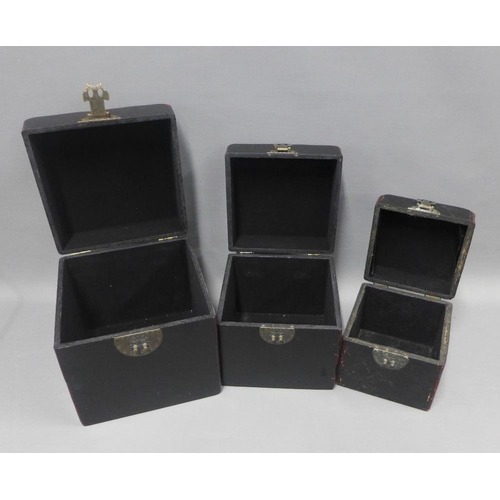 406 - A set of three red and black lacquered chinoiserie boxes, largest 25 x 25cm (3)