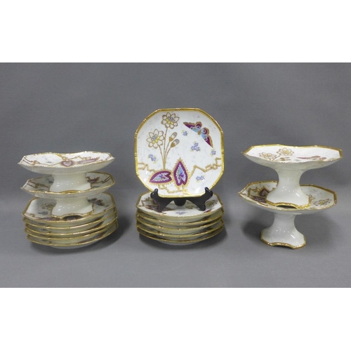 408 - Porcelain dessert service with butterfly and flowers pattern comprising a set of eleven plates, two ... 