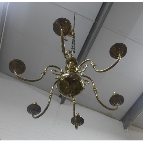 412 - Brass six branch chandelier light fitting, approx 80 x 62cm