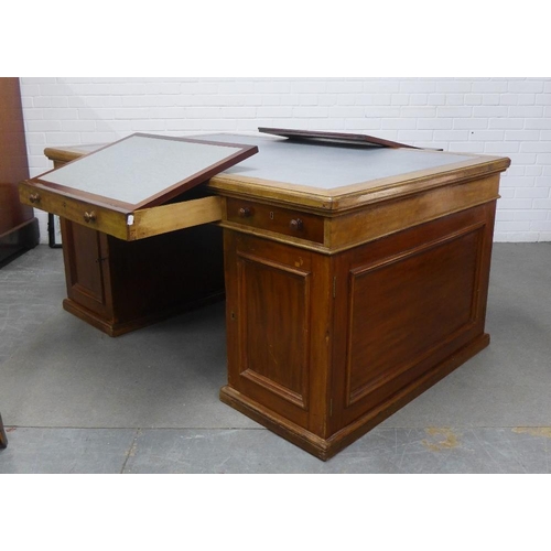 413 - Mahogany partner's desk, the rectangular top with a pale blue leather skivver, with a drawer to each... 