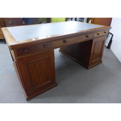 413 - Mahogany partner's desk, the rectangular top with a pale blue leather skivver, with a drawer to each... 