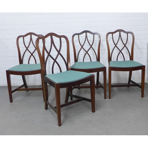 419 - Set of four reproduction mahogany dining chairs with interlaced splat backs and upholstered drop in ... 