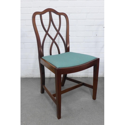 419 - Set of four reproduction mahogany dining chairs with interlaced splat backs and upholstered drop in ... 