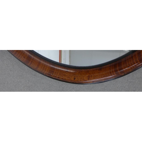 420 - A faux walnut and ebony framed mirror with an oval plate, 90 x 70cm