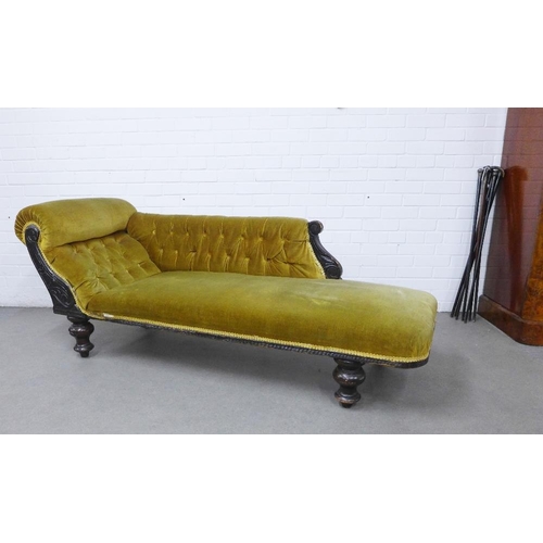 427 - Late 19th / early 20th chaise longue with button back upholstered sloping back and carved ebonised l... 