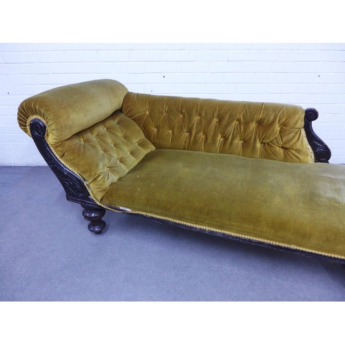 427 - Late 19th / early 20th chaise longue with button back upholstered sloping back and carved ebonised l... 