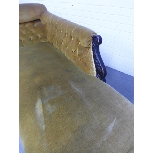 427 - Late 19th / early 20th chaise longue with button back upholstered sloping back and carved ebonised l... 