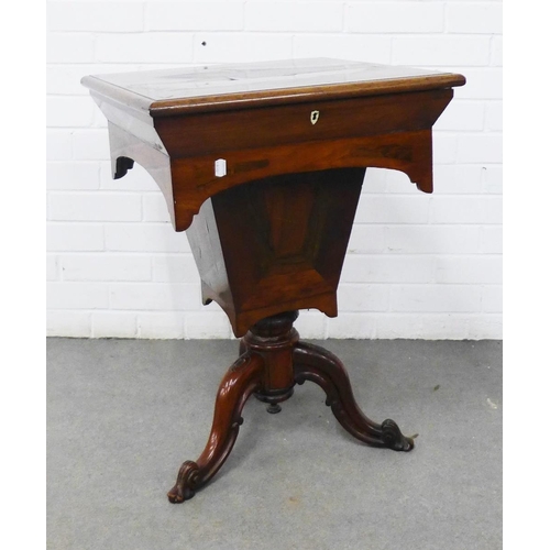 428 - 19th century mahogany work table, square hinged top, fitted interior with a lift out tray, on tripod... 