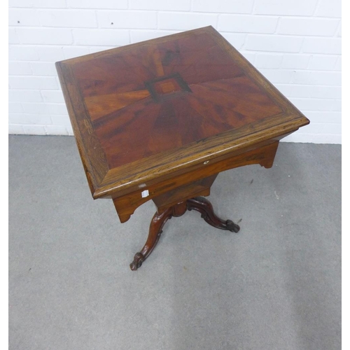 428 - 19th century mahogany work table, square hinged top, fitted interior with a lift out tray, on tripod... 