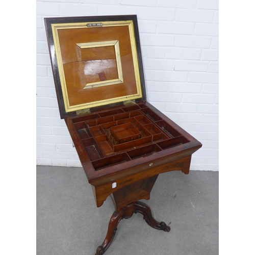 428 - 19th century mahogany work table, square hinged top, fitted interior with a lift out tray, on tripod... 