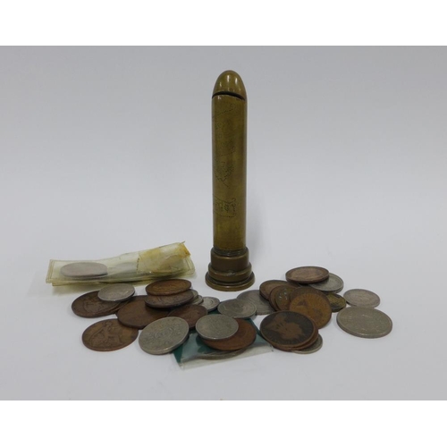 39 - Trench art money bank and a small collection of pre decimal coins (a lot)