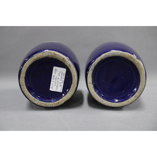 103 - Pair of Grove & Stark blue glazed vases, 20cm (2)