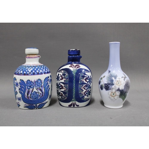 105 - Two Copenhagen Fajance bottles and a Royal Copenhagen porcelain vase, tallest 14cm (3)